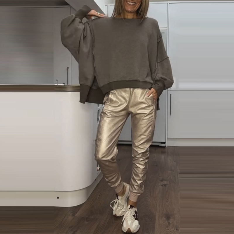 2025 m. „Amazon Independent Station“ Europos ir Amerikos tarpvalstybiniai moteriški drabužiai su šoniniu skeltuku, laisvalaikio palaidinė su mažais kampais kelnėmis moterims