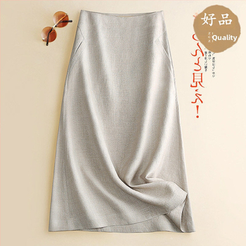 Οι εκπτώσεις δεν ξεθωριάζουν ~ casual καφέ φούστα Zen σε γραμμή Α. Νέα λινή φούστα μεσαίου μήκους για γυναίκες, για την άνοιξη και το φθινόπωρο.