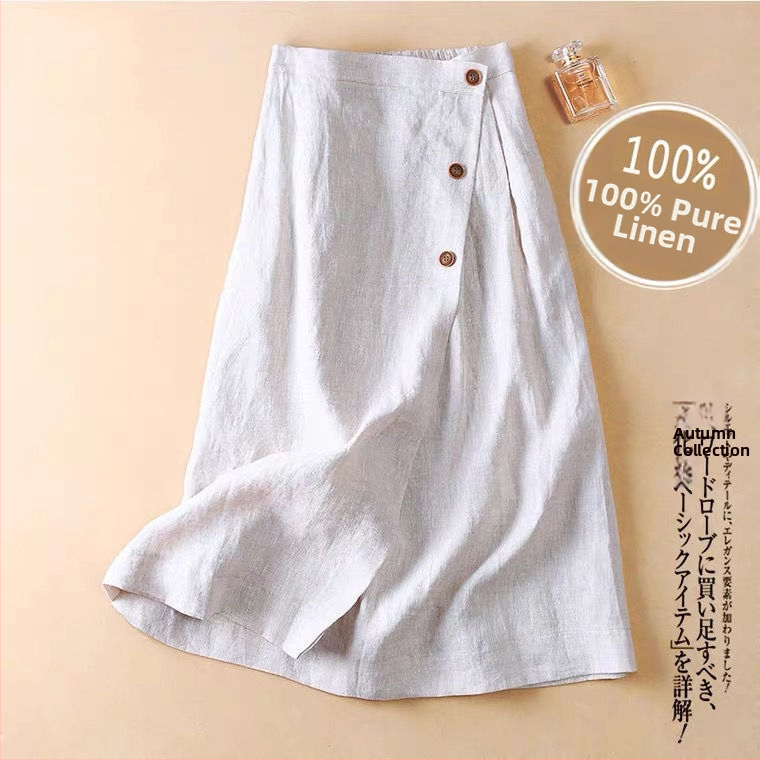 A leárazás nem fakul ~ lezser Zen Barna A-vonalú szoknya Női tavaszi és őszi új lenvászon középhosszú szoknya