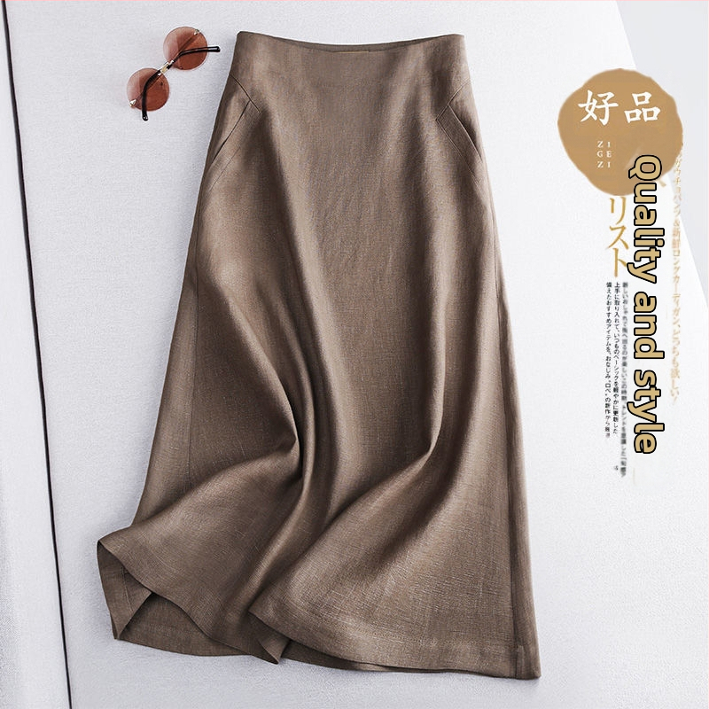 A leárazás nem fakul ~ lezser Zen Barna A-vonalú szoknya Női tavaszi és őszi új lenvászon középhosszú szoknya