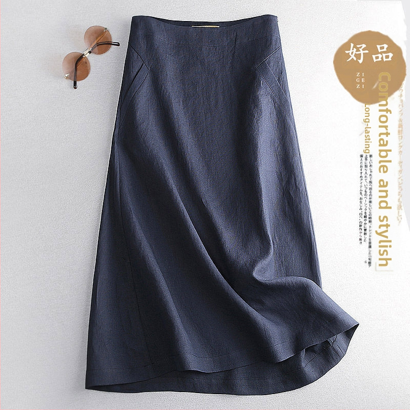 A leárazás nem fakul ~ lezser Zen Barna A-vonalú szoknya Női tavaszi és őszi új lenvászon középhosszú szoknya