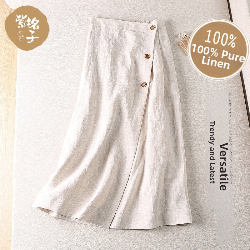 A leárazás nem fakul ~ lezser Zen Barna A-vonalú szoknya Női tavaszi és őszi új lenvászon középhosszú szoknya