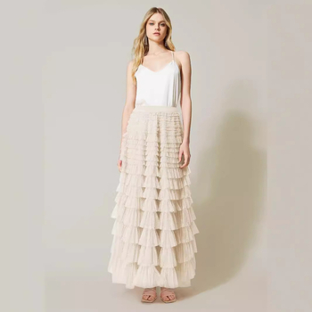 Határokon átnyúló francia hosszú szoknya nőknek, őszi európai egyszínű, magas derekú hálós tortaszoknya, puffos szoknya, gyönyörű, elegáns és sokoldalú