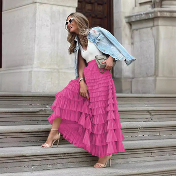 Μακριά Γαλλική Φούστα για Γυναικεία, Φθινοπωρινή Ευρωπαϊκή Μονόχρωμη Φούστα με Ψηλή Μέση και Πλέγμα, Φούστα με Φούστα, Όμορφη, Κομψή και Ευέλικτη