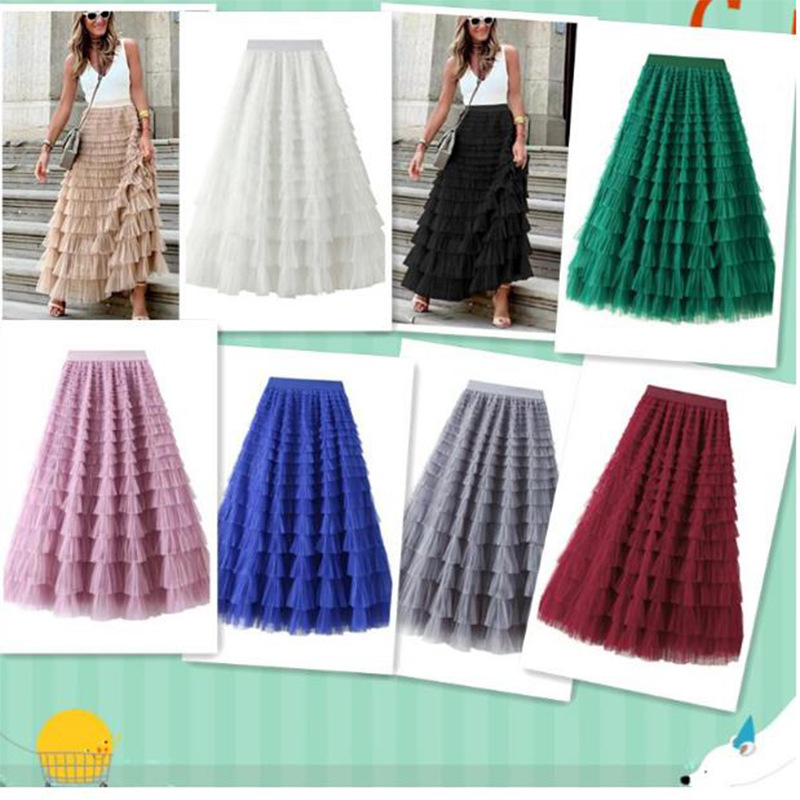 Határokon átnyúló francia hosszú szoknya nőknek, őszi európai egyszínű, magas derekú hálós tortaszoknya, puffos szoknya, gyönyörű, elegáns és sokoldalú