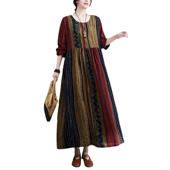 Kora őszi új női ruházat nagy méret mm karcsúsító retro korcsökkentő etnikai stílusú fat sister hosszú ujjú csíkos ruha ősszel és télen