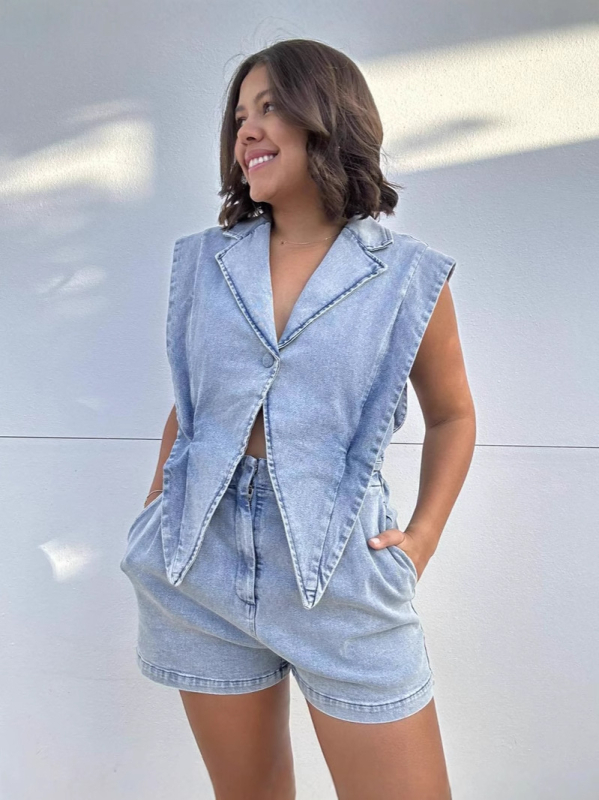 Tavaszi és nyári, határokon átnyúló európai és amerikai új női divatos szabadidős háromdimenziós háromszög dizájnú farmer egytestű rövidnadrág