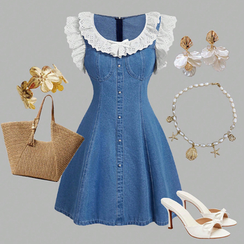 Φόρεμα Midi με τζιν τιράντες και ντεγκραντέ, καλοκαιρινή νέα άφιξη, μοντέρνο vintage, με δαντέλα και μανίκια