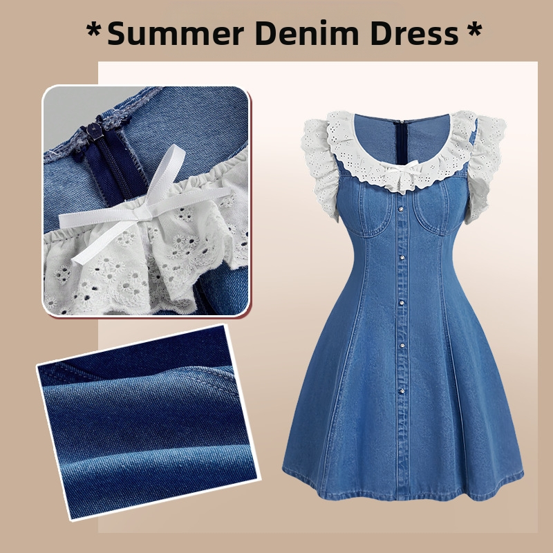 Nyári újdonság, farmerpántos szoknya, színátmenetes színű, csipkeujjas midi ruha, divatos, vintage