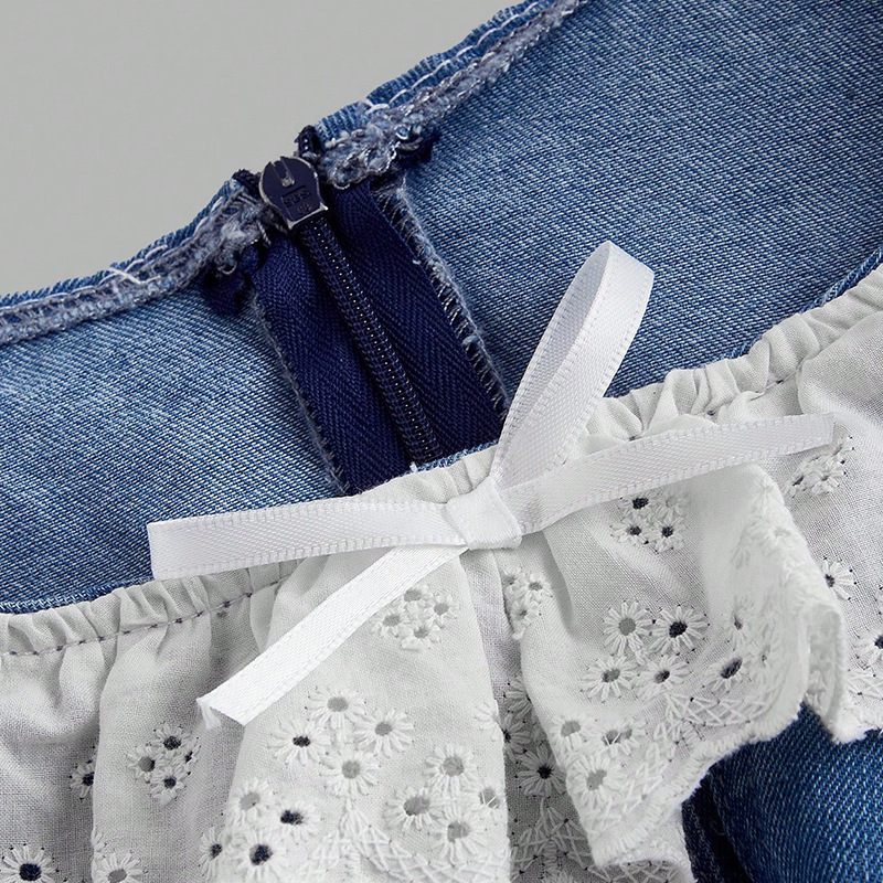 Nyári újdonság, farmerpántos szoknya, színátmenetes színű, csipkeujjas midi ruha, divatos, vintage