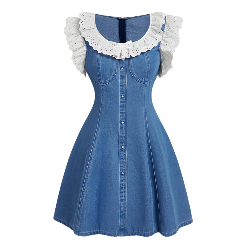 Nyári újdonság, farmerpántos szoknya, színátmenetes színű, csipkeujjas midi ruha, divatos, vintage