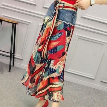 Άνοιξη και Καλοκαίρι 2025 Νέο Στυλ Γυναικείου Τζιν Φούστα με Στάμπα και Ρετρό Φούστα από Σιφόν, Ψηλόμεση, Κόκκινη Πολυεστέρας