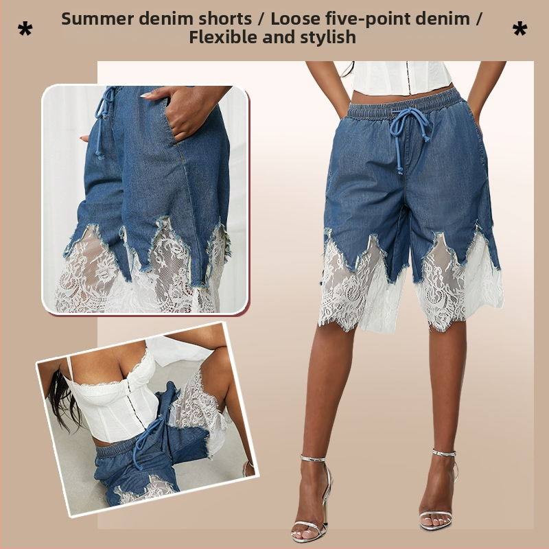 2025 tavaszi/nyári bő szárú nadrágok európai és amerikai niche csipke farmer rövidnadrágok karcsúsító lezser sokoldalú
