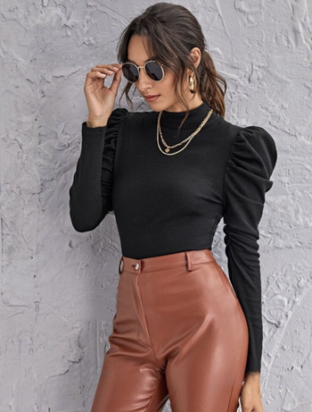 Ευρωπαϊκή και αμερικανική ανοιξιάτικη και φθινοπωρινή μπλούζα με μισό ψηλό γιακά, γυναικείο μπλουζάκι με μακριά μανίκια και φουσκωτά μανίκια, μοντέρνα μπλούζα