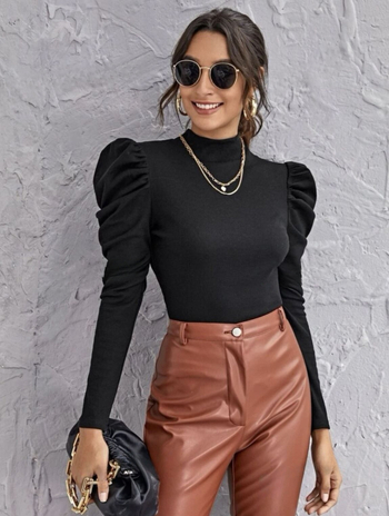 Európai és amerikai tavaszi és őszi félmagas gallérú belső talpú női hosszú ujjú dizájnos, niche puffos ujjú póló, divatos felső