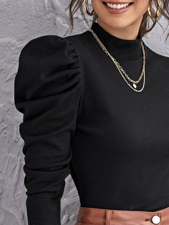 Ευρωπαϊκή και αμερικανική ανοιξιάτικη και φθινοπωρινή μπλούζα με μισό ψηλό γιακά, γυναικείο μπλουζάκι με μακριά μανίκια και φουσκωτά μανίκια, μοντέρνα μπλούζα