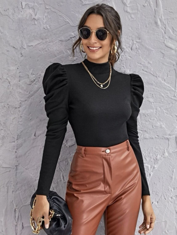 Európai és amerikai tavaszi és őszi félmagas gallérú belső talpú női hosszú ujjú dizájnos, niche puffos ujjú póló, divatos felső