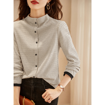 Γυναικείο ριγέ πουκάμισο με ζιβάγκο και ζιβάγκο σε αντίθεση - Χειμώνας 2023 - Νέο σχέδιο, ευέλικτο, ζεστό, μακρυμάνικο μπλουζάκι