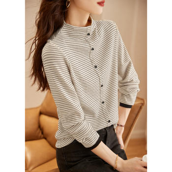 Γυναικείο ριγέ πουκάμισο με ζιβάγκο και ζιβάγκο σε αντίθεση - Χειμώνας 2023 - Νέο σχέδιο, ευέλικτο, ζεστό, μακρυμάνικο μπλουζάκι