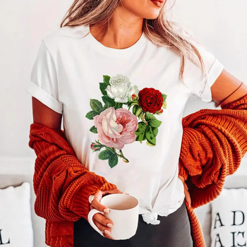 2024-es export határokon átnyúló nemzetközi állomás népszerű tiszta színű, egyszerű virágmintás, 3D nyomtatott női kerek nyakú, rövid ujjú póló