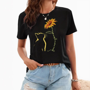 2024-es export határokon átnyúló nemzetközi állomás népszerű tiszta színű, egyszerű virágmintás, 3D nyomtatott női kerek nyakú, rövid ujjú póló