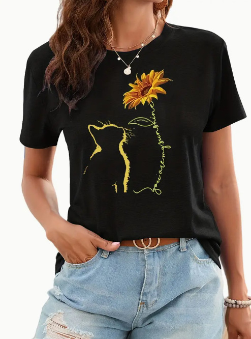 2024-es export határokon átnyúló nemzetközi állomás népszerű tiszta színű, egyszerű virágmintás, 3D nyomtatott női kerek nyakú, rövid ujjú póló