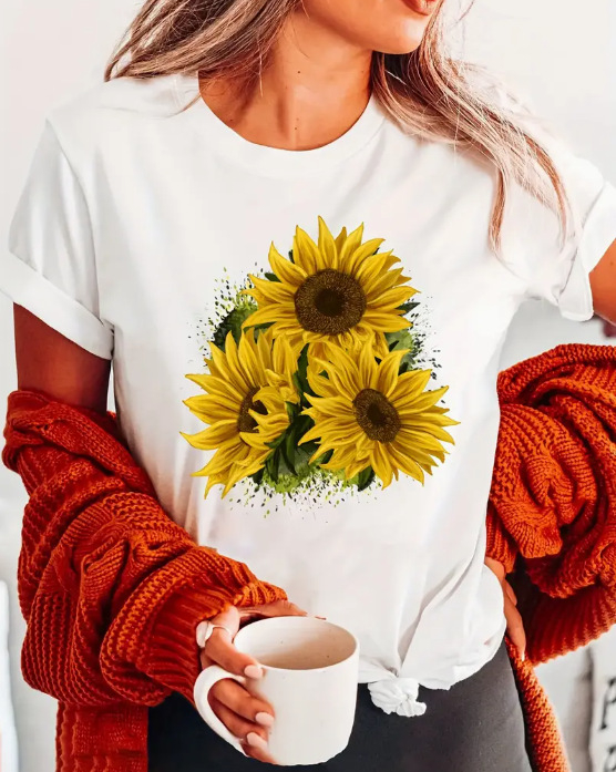 2024-es export határokon átnyúló nemzetközi állomás népszerű tiszta színű, egyszerű virágmintás, 3D nyomtatott női kerek nyakú, rövid ujjú póló