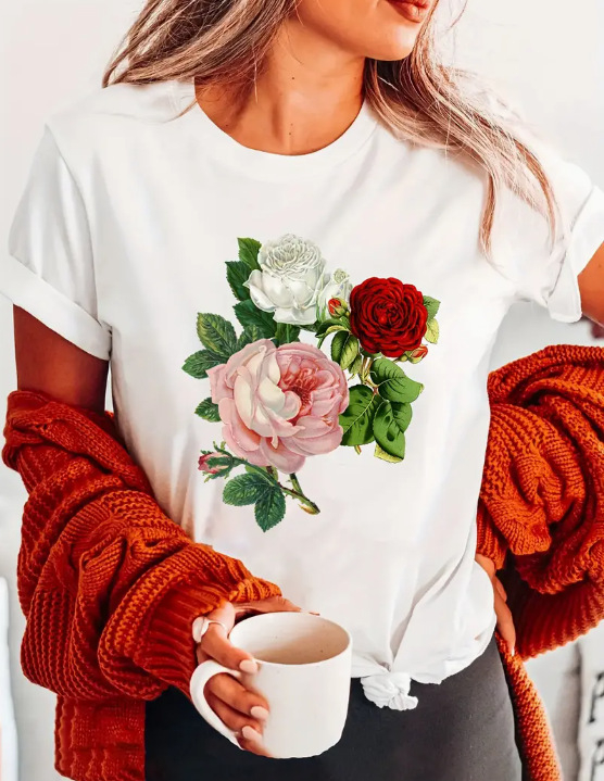 2024-es export határokon átnyúló nemzetközi állomás népszerű tiszta színű, egyszerű virágmintás, 3D nyomtatott női kerek nyakú, rövid ujjú póló