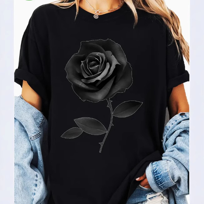 2024-es export határokon átnyúló nemzetközi állomás népszerű tiszta színű, egyszerű virágmintás, 3D nyomtatott női kerek nyakú, rövid ujjú póló