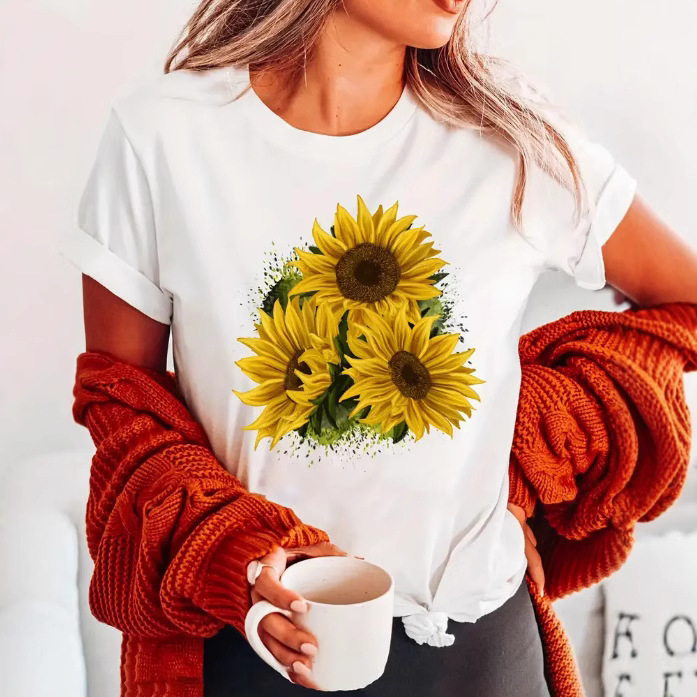 2024-es export határokon átnyúló nemzetközi állomás népszerű tiszta színű, egyszerű virágmintás, 3D nyomtatott női kerek nyakú, rövid ujjú póló