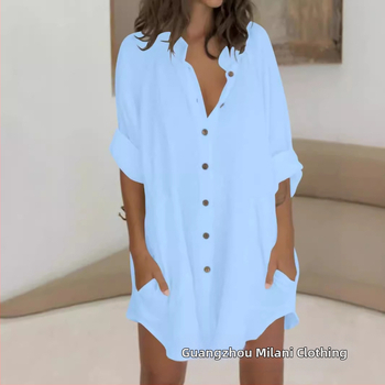 2024-es női őszi hajtókás, egysoros, dupla zsebes, rövidített ujjú, hosszú ujjú, V-nyakú, elegáns ing