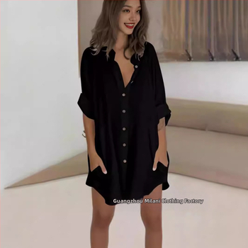 Дамска есенна риза с ревер, едноредна, с двоен джоб, къс ръкав и дълъг ръкав, с V-образно деколте, елегантна