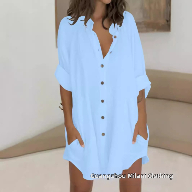 2024-es női őszi hajtókás, egysoros, dupla zsebes, rövidített ujjú, hosszú ujjú, V-nyakú, elegáns ing