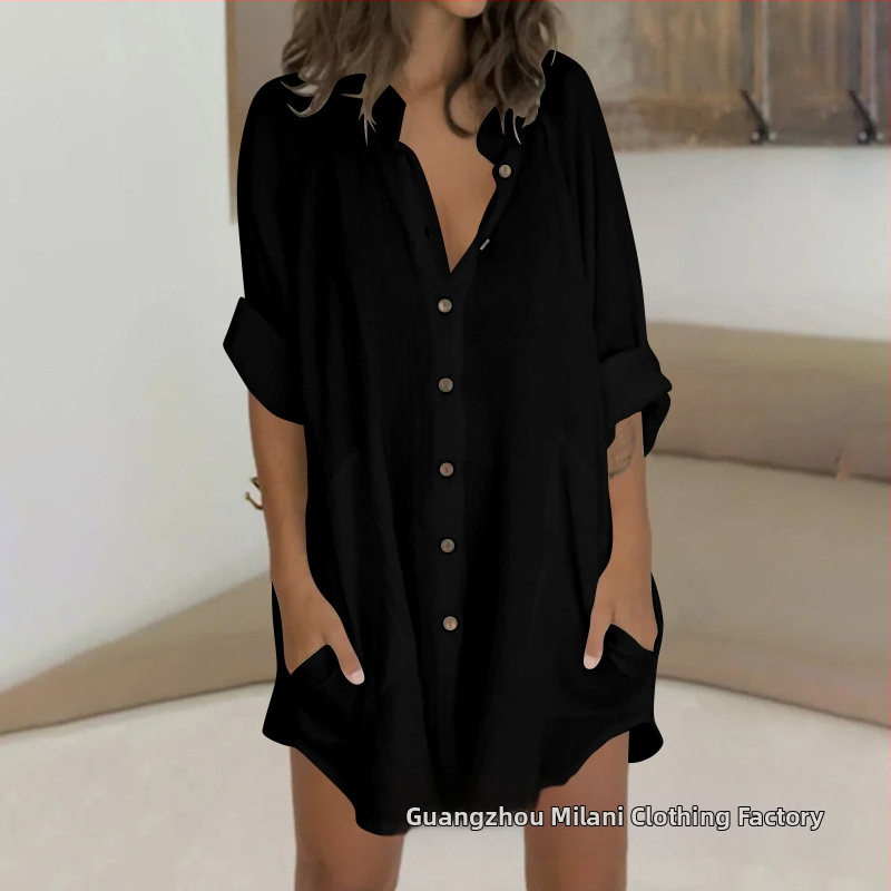 2024-es női őszi hajtókás, egysoros, dupla zsebes, rövidített ujjú, hosszú ujjú, V-nyakú, elegáns ing