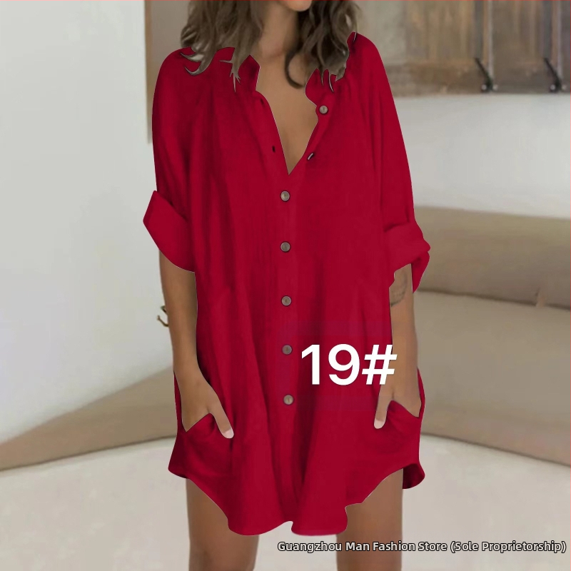 2024-es női őszi hajtókás, egysoros, dupla zsebes, rövidített ujjú, hosszú ujjú, V-nyakú, elegáns ing