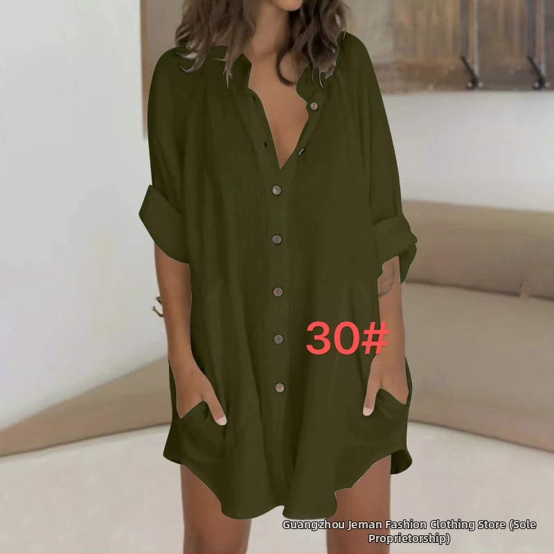 2024-es női őszi hajtókás, egysoros, dupla zsebes, rövidített ujjú, hosszú ujjú, V-nyakú, elegáns ing