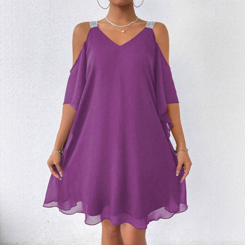 Πραγματικό πλάνο σε απόθεμα Εξωτερικό εμπόριο Διασυνοριακό καλοκαίρι Γυναικείο μονόχρωμο σιφόν με ώμους και λαιμόκοψη V Κομψό ευρωπαϊκό και αμερικανικό φόρεμα