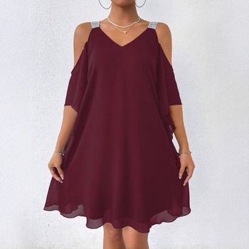Πραγματικό πλάνο σε απόθεμα Εξωτερικό εμπόριο Διασυνοριακό καλοκαίρι Γυναικείο μονόχρωμο σιφόν με ώμους και λαιμόκοψη V Κομψό ευρωπαϊκό και αμερικανικό φόρεμα