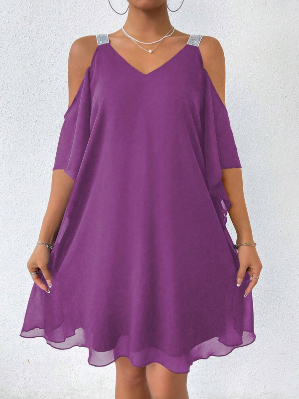 Real Shot raktáron Külkereskedelmi Határokon Átnyúló Nyári Női Vállpántos Sifon Egyszínű V-nyakú Elegáns Európai és Amerikai Ruha