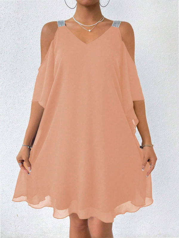 Real Shot raktáron Külkereskedelmi Határokon Átnyúló Nyári Női Vállpántos Sifon Egyszínű V-nyakú Elegáns Európai és Amerikai Ruha