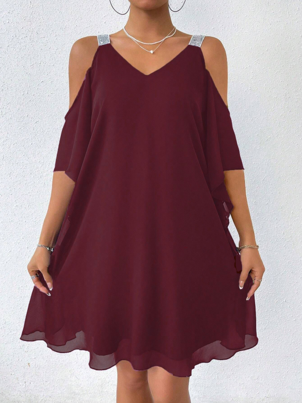 Real Shot raktáron Külkereskedelmi Határokon Átnyúló Nyári Női Vállpántos Sifon Egyszínű V-nyakú Elegáns Európai és Amerikai Ruha