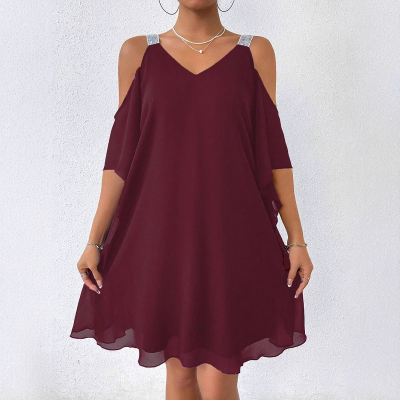 Real Shot raktáron Külkereskedelmi Határokon Átnyúló Nyári Női Vállpántos Sifon Egyszínű V-nyakú Elegáns Európai és Amerikai Ruha