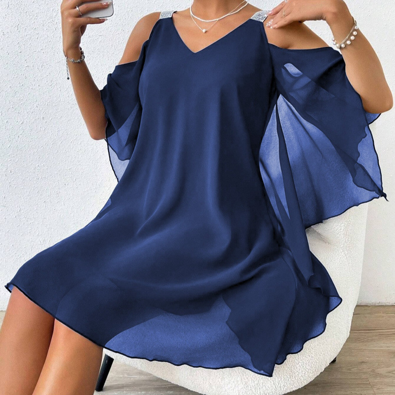 Real Shot raktáron Külkereskedelmi Határokon Átnyúló Nyári Női Vállpántos Sifon Egyszínű V-nyakú Elegáns Európai és Amerikai Ruha