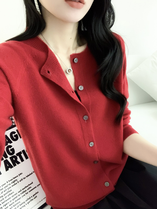 Vilnonis moteriškas kardiganas, naujas rudens ir žiemos stilius, universalus korėjietiškas variantas, vienspalvis, osmanto dygsnis, apvali kaklo iškirptė, vientisas megztas švarkelis.