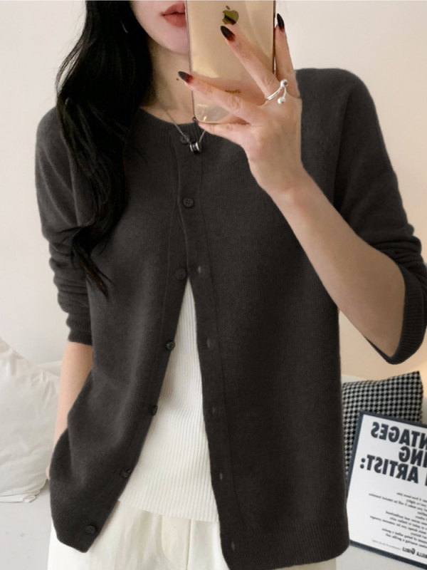 Vilnonis moteriškas kardiganas, naujas rudens ir žiemos stilius, universalus korėjietiškas variantas, vienspalvis, osmanto dygsnis, apvali kaklo iškirptė, vientisas megztas švarkelis.