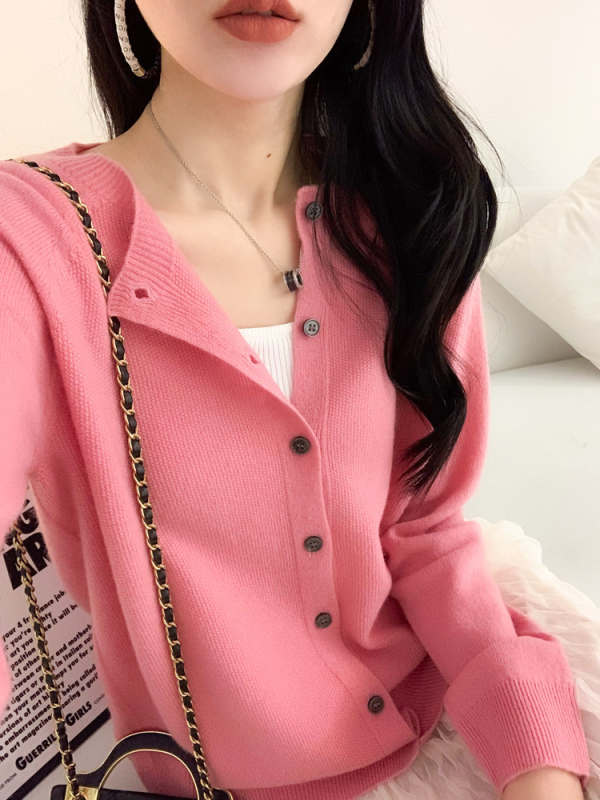 Vilnonis moteriškas kardiganas, naujas rudens ir žiemos stilius, universalus korėjietiškas variantas, vienspalvis, osmanto dygsnis, apvali kaklo iškirptė, vientisas megztas švarkelis.