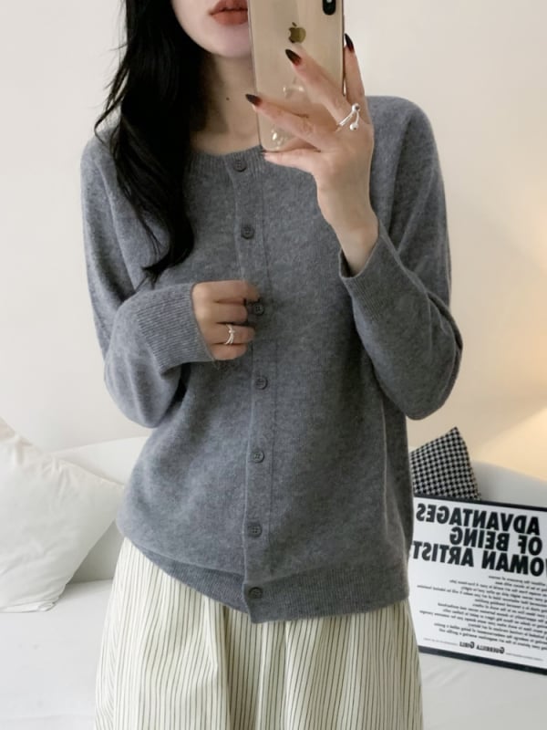 Vilnonis moteriškas kardiganas, naujas rudens ir žiemos stilius, universalus korėjietiškas variantas, vienspalvis, osmanto dygsnis, apvali kaklo iškirptė, vientisas megztas švarkelis.