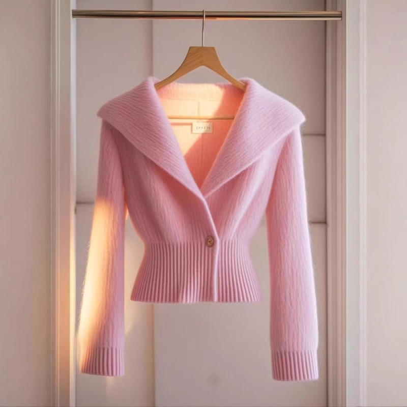 Koreai stílusú, niche divatos, korcsökkentő, rózsaszín hajtókás kötött ing, tavaszi és őszi, testet borító, ingázós, vékony pulóverkabát