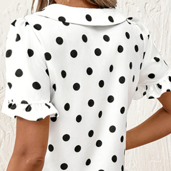 Дамска риза с къс ръкав и волани от шифон, нова лятна блуза с яка тип кукла за 2025 г., сладка момичешка риза на точки