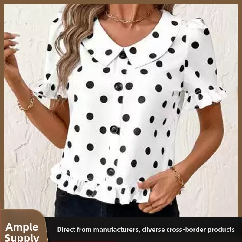 Fodros sifon ing Női rövid ujjú 2025-ös nyári új felső babagallérral édes lányos pöttyös ing